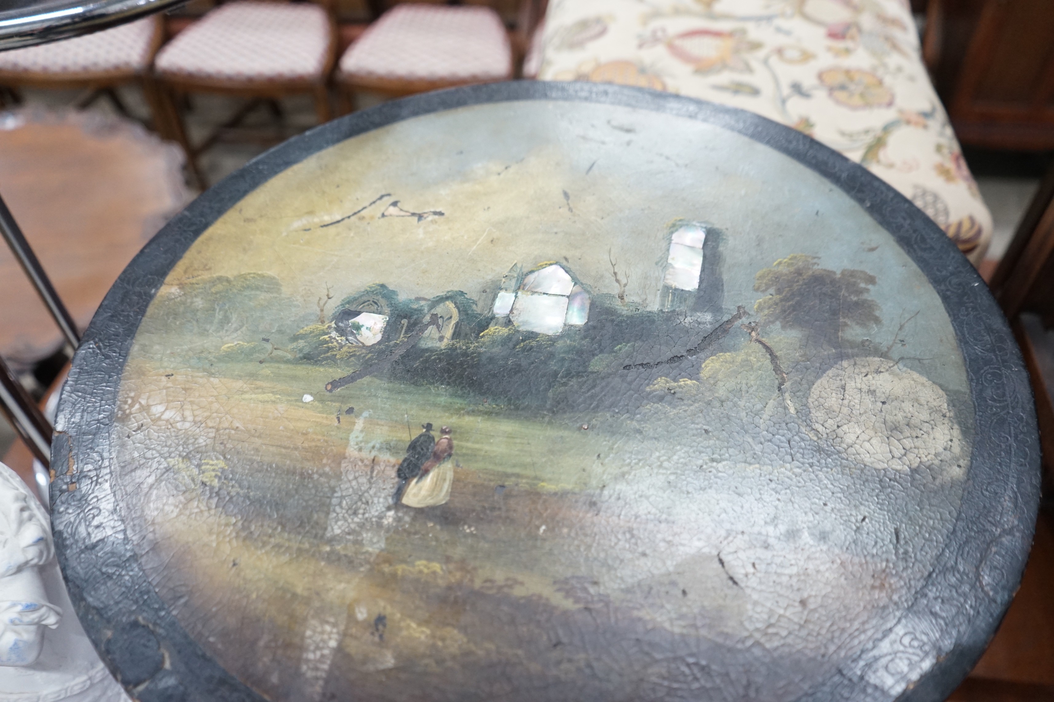 An early 20th century parquetry inlaid square occasional table and a Victorian and later painted tripod table, larger width 50cms height 72cms.